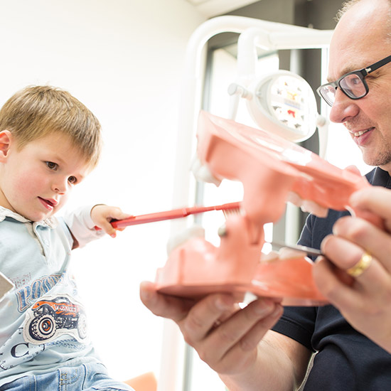 Kleiner Junge putzt mit großer Zahnbürste Gebissmodell, Zahnarzt Hans-Georg Stromeyer lächelt
